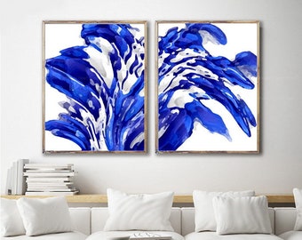 Blue Abstract Painting Set of 2 Prints Navy Royal Blue Abstract Wall Art Blue Contemporary Artwork Minimal Abstract Prints Downloadable Art