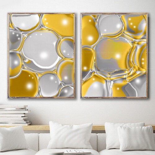 Mustard Yellow Gray Abstract Painting Set of 3 Prints Abstract Etsy