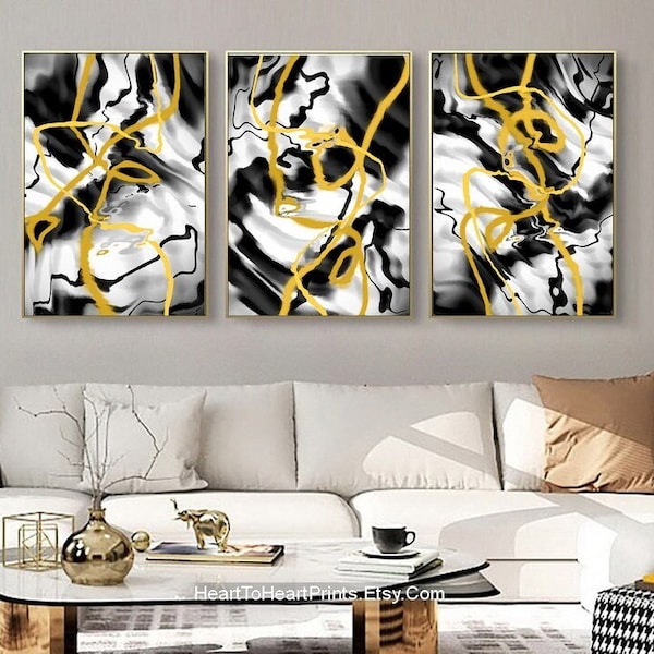 Yellow Black White Abstract Set of 3 Pieces Brush Stroke Gallery Wall Art Set Contemporary Modern Canvas Abstract Painting Digital Abstract