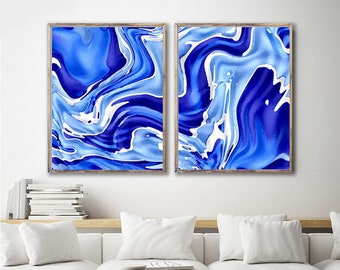 Royal Blue Abstract Painting Downloadable Art Set of 2 Prints Blue Abstract Artwork Modern Blue Prints Living Room Wall Decor Blue Painting