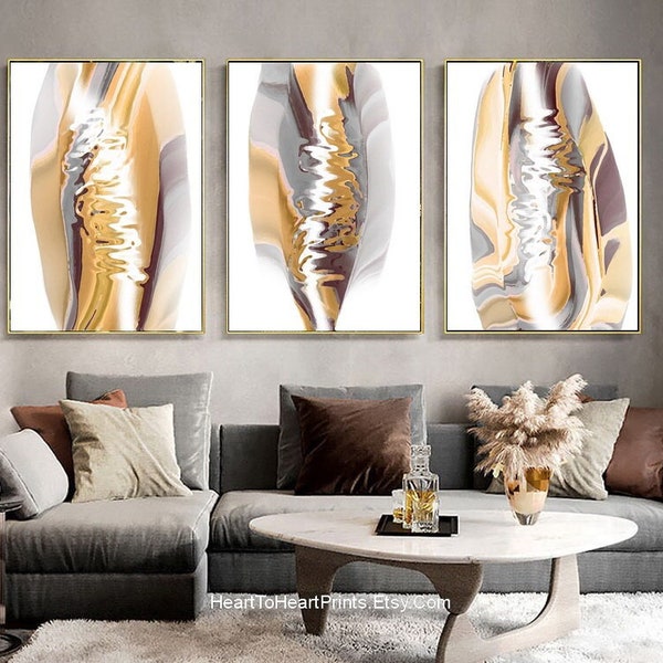 Earth Tone Wall Art Set of 3 Posters Neutral Abstract Painting Gallery Wall INSTANT DOWNLOAD Set of 3 Prints, Mustard Brown Gray Modern Art
