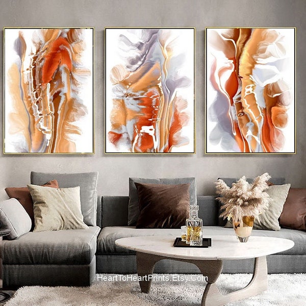 Orange Abstract Painting Set of 3 Posters Canvas DIGITAL Download Burnt Orange Gray Abstract Artwork Contemporary Brush Stroke Printable Art
