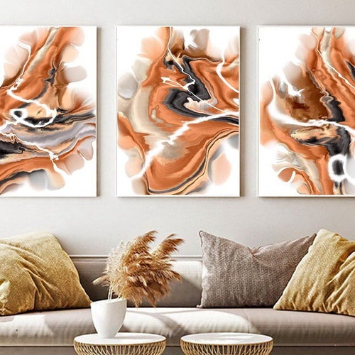 Orange Gray Wall Decor 3 Poster Set Canvas Abstract Painting Etsy