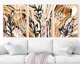 Earth Tones Botanical Set of 3 Posters Leaves Flowers Abstract Painting Printable Wall Art Set of 3 Prints Yellow Brown Black Landscape Art