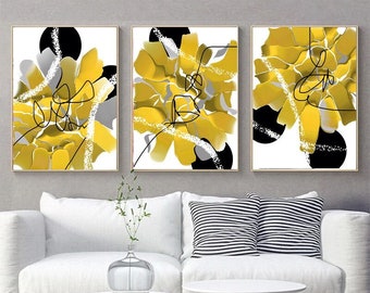 Yellow Gray Black Abstract Gallery Wall Art Set of 3 PRINTABLE Abstract Contemporary Art Large 24 x 36 inch Modern Artwork Mustard Painting