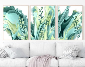 Green Leaves Set of 3 Posters Lime Green Teal Botanical Prints Modern Boho Plants Floral Contemporary Art Printable Art Abstract Flowers Art