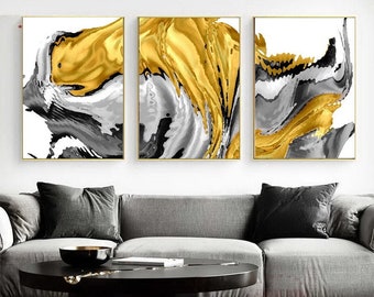 Abstract Painting Set of 2 Prints Mustard Yellow Gray Wall Art Abstract ...