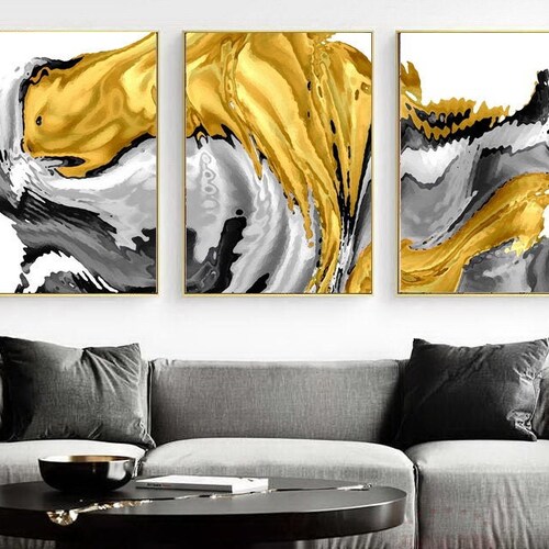 Yellow Gray Black Abstract Gallery Wall Art Set of 3 PRINTABLE - Etsy