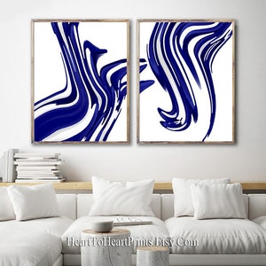 Blue Line Drawing Set of 2 Prints Blue Abstract Prints Navy Minimalist Art Contemporary Wall Art Digital Download Blue Abstract Painting