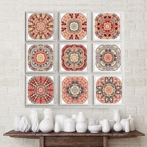 Moroccan Tiles Orange Gray Wall Art Square DIGITAL Printable Art Set of 9 Spanish Italian Mediterranean Living Room Wall Decor Square Prints