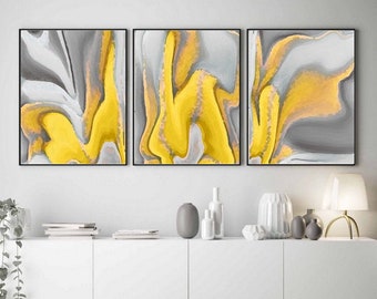 Abstract Painting Set of 2 Prints Mustard Yellow Gray Wall Art Abstract ...