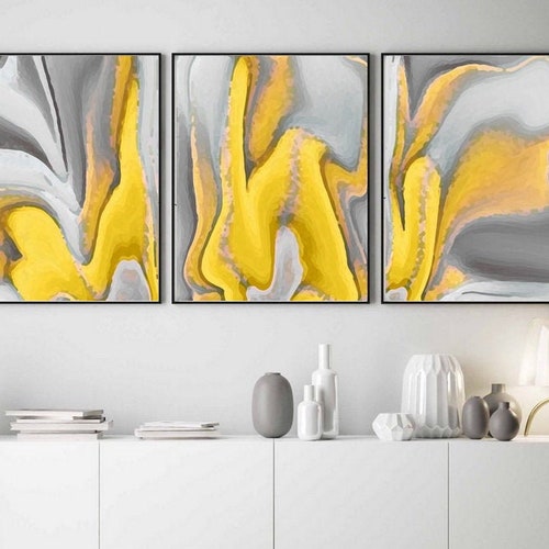 Mustard Yellow Gray Wall Art Abstract Painting Set of 3 Prints Etsy