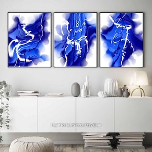 Royal Blue Abstract Gallery Set of 3 Posters Large Blue Abstract Painting Set of 3 Canvas Contemporary Art PRINTABLE Wall Art Modern Artwork