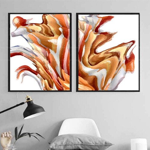 Orange Gray Abstract Painting Set of 3 Printable Wall Art Etsy