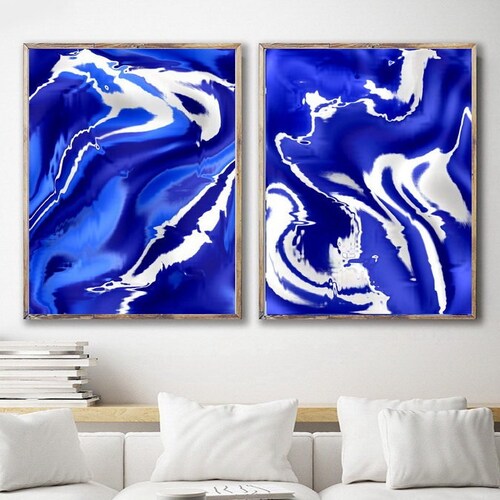 Blue Abstract Painting Set of 3 Prints Minimalist Blue Wall Etsy