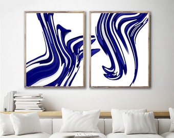 Blue Line Drawing Set of 2 Prints Blue Abstract Prints Navy Minimalist Art Contemporary Wall Art Digital Download Blue Abstract Painting