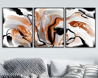 Abstract Painting Downloadable Art Set of Three Prints Black Orange Gray Abstract Printable Wall Art Contemporary Art Living Room Wall Decor