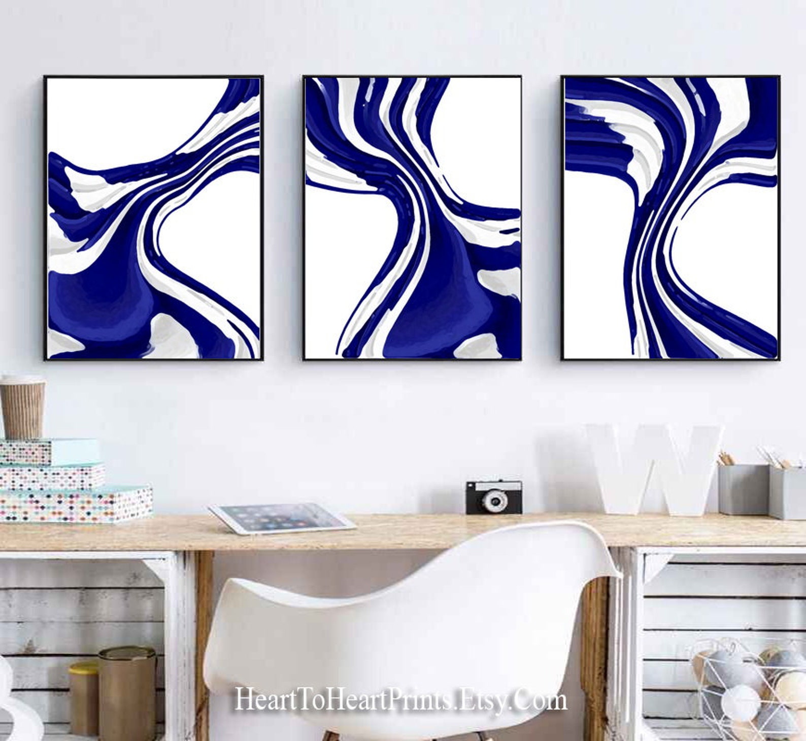 Navy Blue Abstract Gallery Wall Art Set of 3 Blue Abstract Minimalist ...