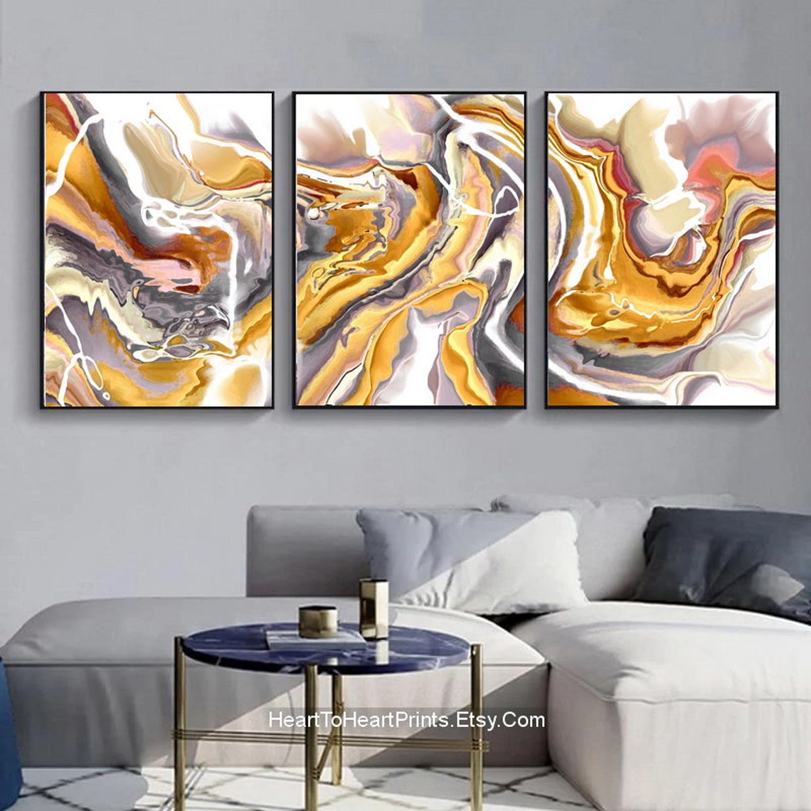 Mustard Yellow Gray Abstract Painting Set of 3 Posters DIGITAL Abstract ...