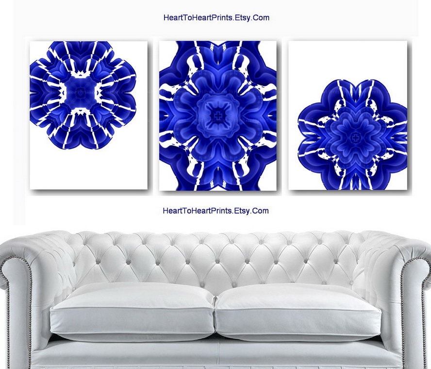Cobalt Blue Wall Art Set of 3 Prints Cobalt Blue Floral Wall Etsy