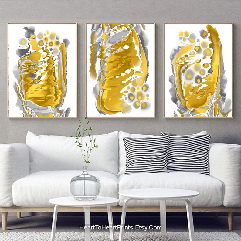 Yellow Gray Abstract Painting Set of 3 Large 24x36 Etsy