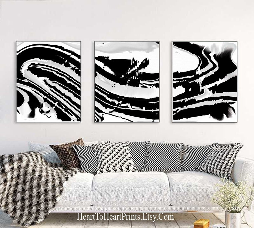 Black and White Abstract Wall Art Set of 3 Prints Abstract | Etsy