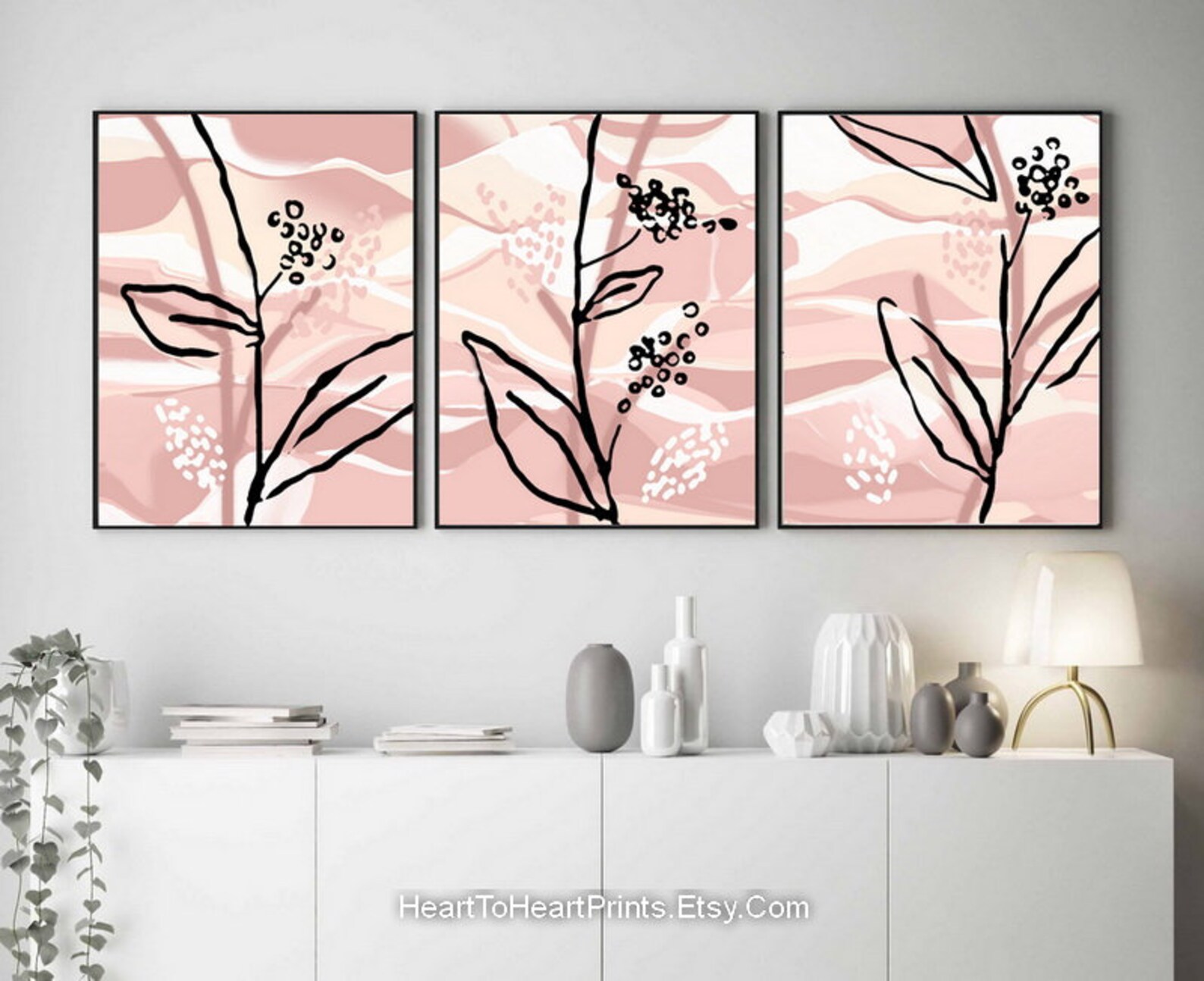 Pink Gray Flower Printable Wall Art Set of 3 Prints Peach Pink | Etsy