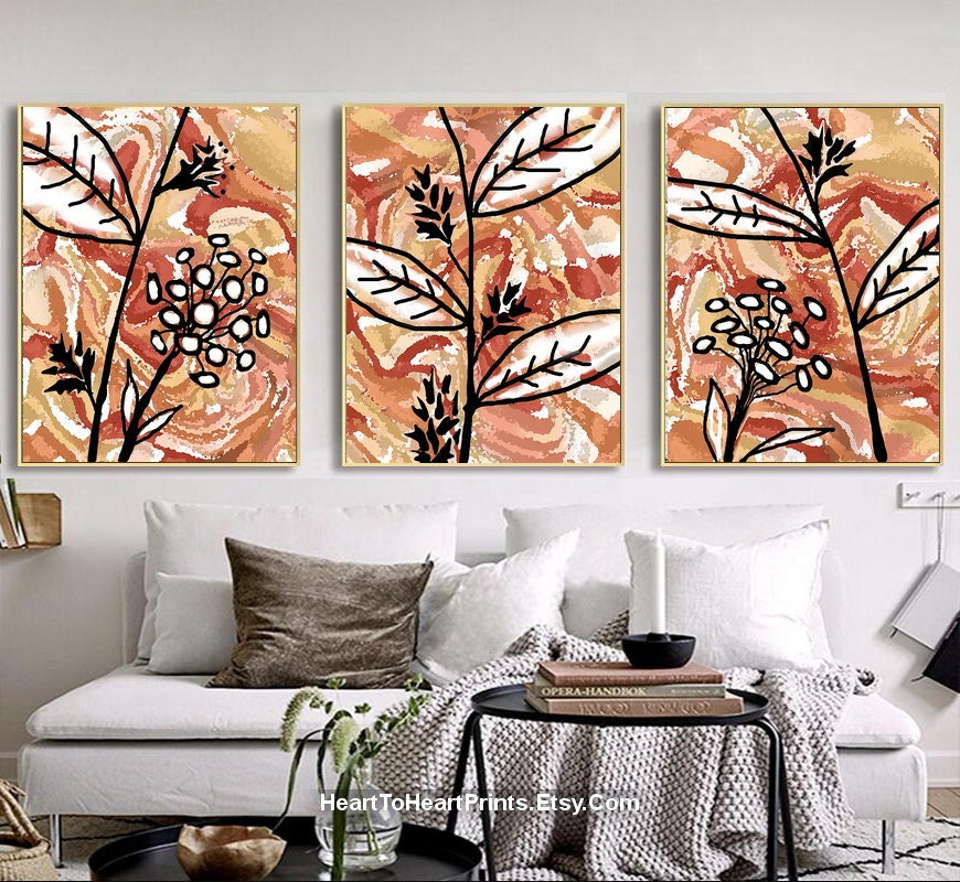 Orange Black Botanical Wall Art Set of 3 Flower Line Drawing - Etsy