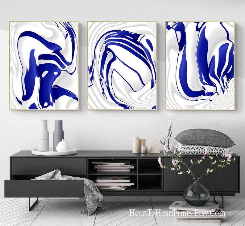 Navy Abstract Printable Wall Art Set of 3 Prints Navy Blue Etsy