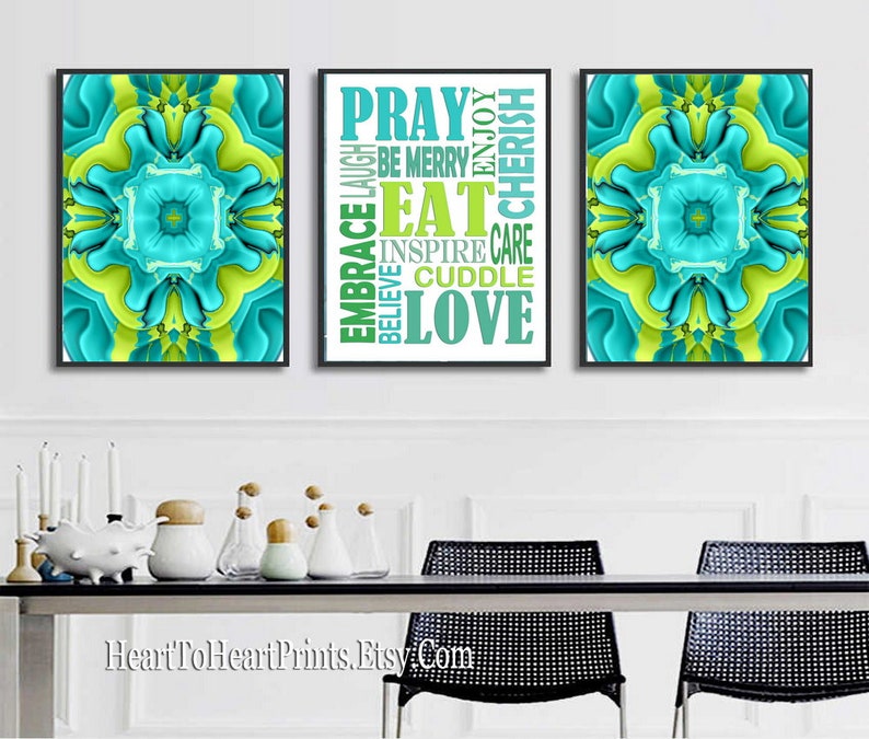 Green Kitchen Wall Art Set of 3 Prints Lime Green Teal Dining | Etsy