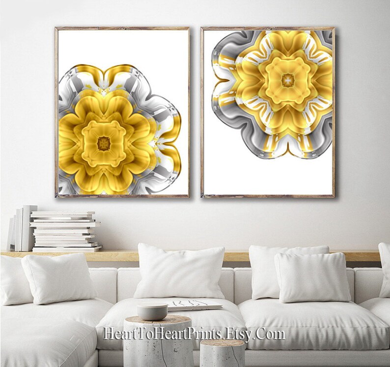 Mustard Yellow Gray Wall Art Set of 2 Prints Flowers Printable Etsy