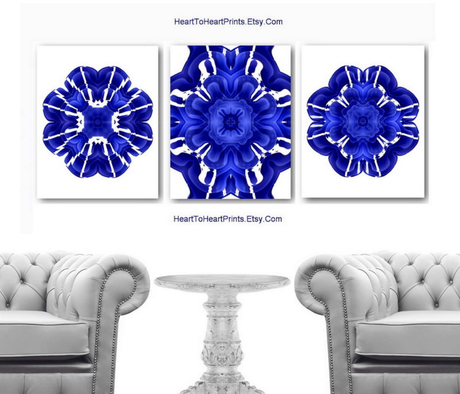 Cobalt Blue Wall Art Set of 3 Prints Cobalt Blue Floral Wall Etsy