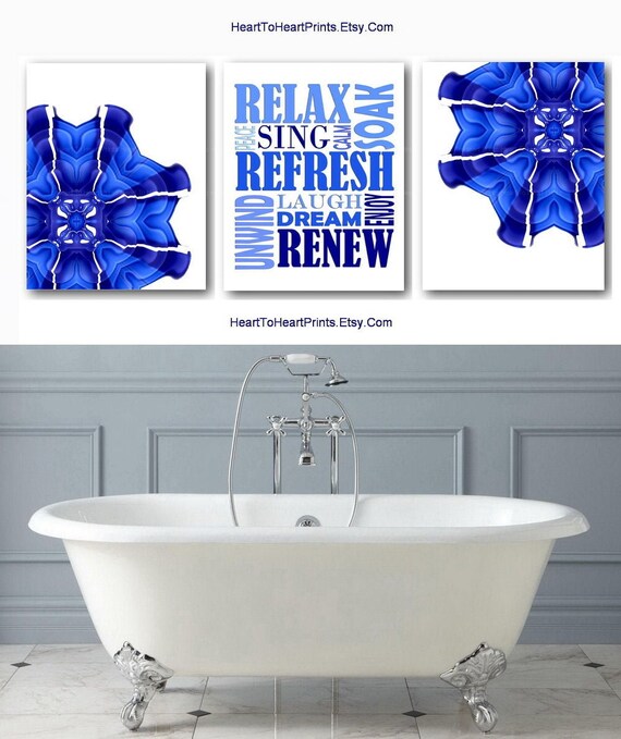 Blue Bathroom Wall Art Set Of 3 Prints Royal Blue Bathroom Etsy