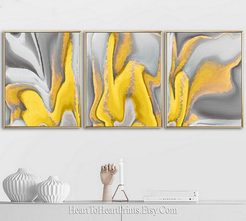 Mustard Yellow Gray Abstract Painting Set of 3 Prints Abstract ...