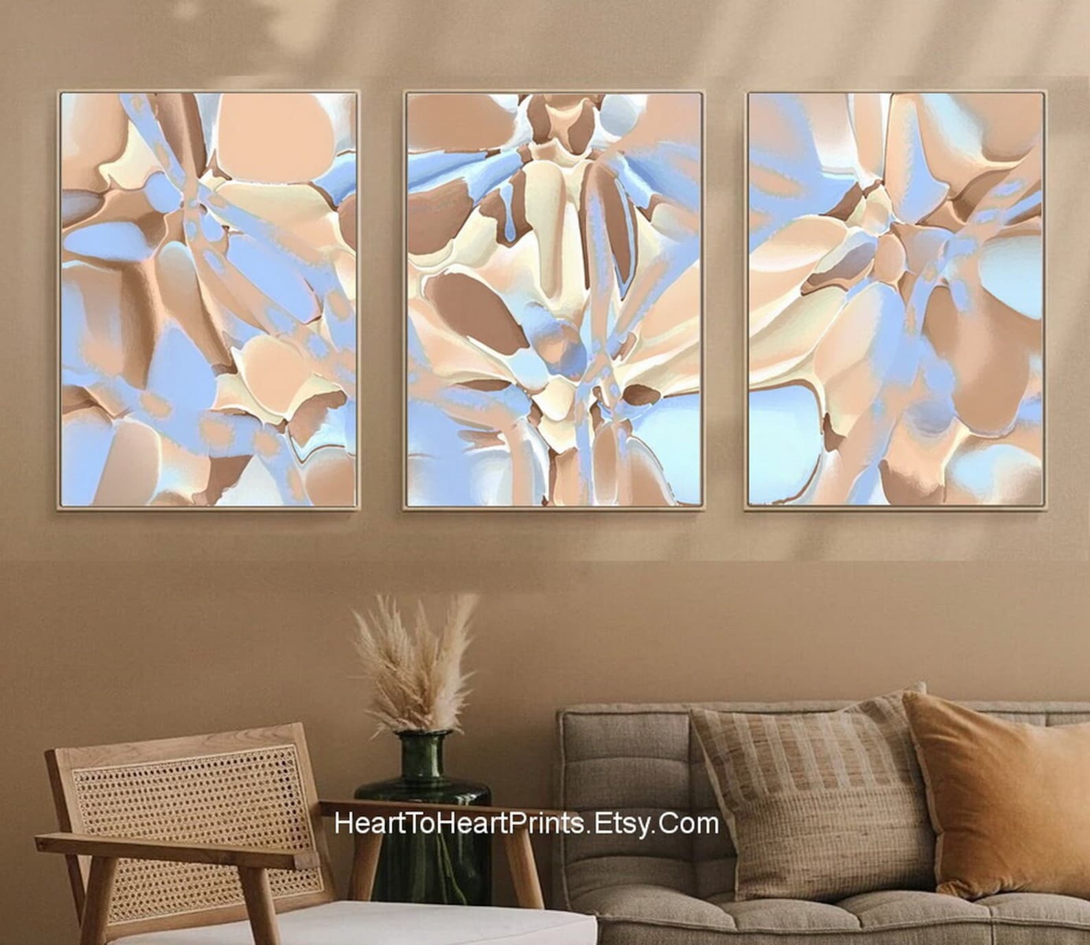 Blue Brown Abstract Wall Art Set of 3 Pastel Abstract Painting Canvas
