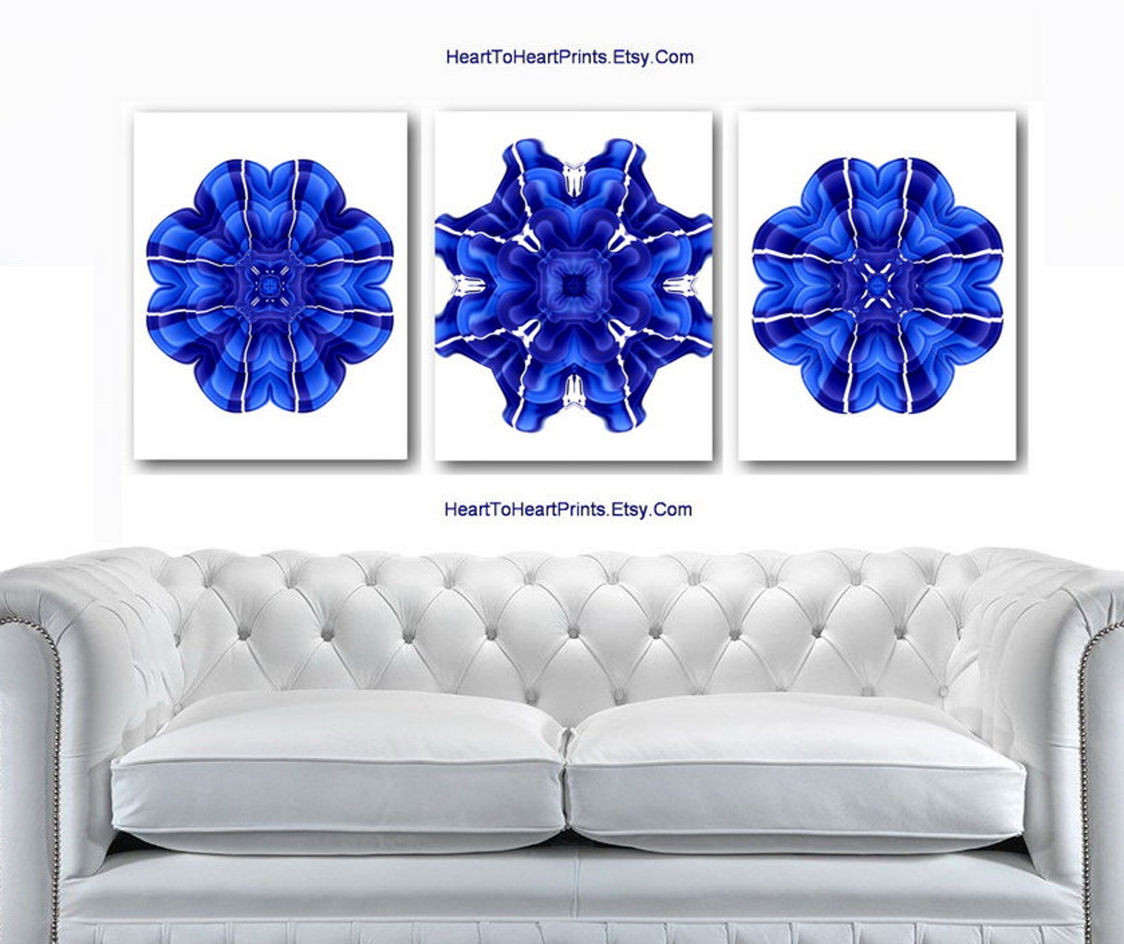 Royal Blue Wall Art Set of 3 Prints Blue Flower Printable Wall Art