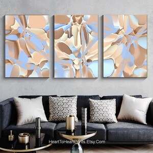 Blue Brown Abstract Wall Art Set of 3 Pastel Abstract Painting Canvas