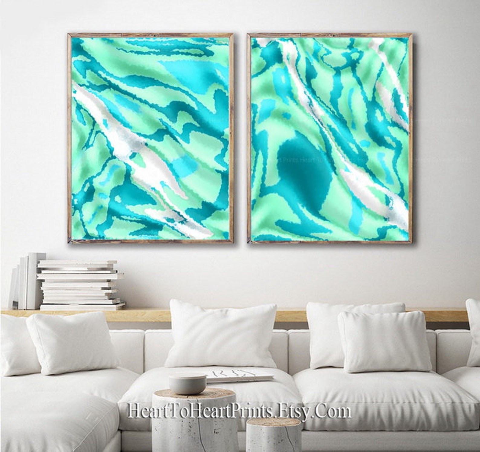 Green Abstract Wall Art Set of 3 Prints Emerald Teal Abstract Etsy