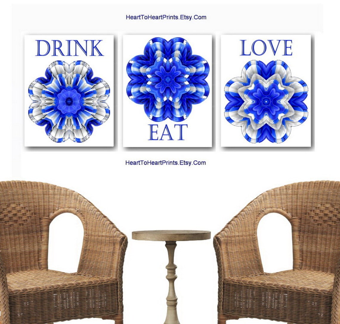 Royal Blue Kitchen Wall Art Set of 3 Prints Blue Kitchen Etsy
