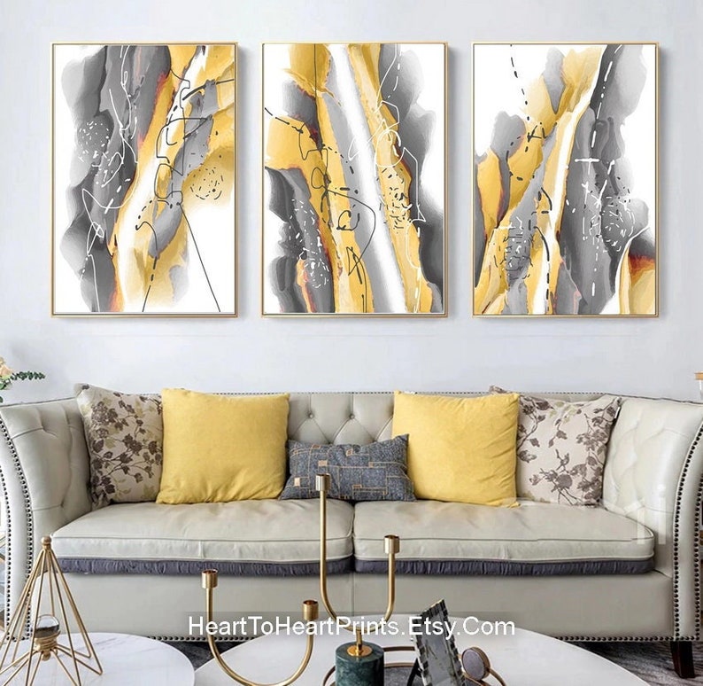Yellow Gray Abstract Painting Set of 3 Printable Wall Art Mustard
