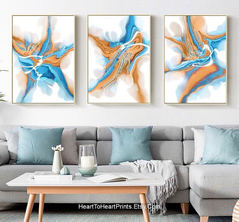 Orange Blue Wall Art Abstract Painting Set of 3 Prints Etsy