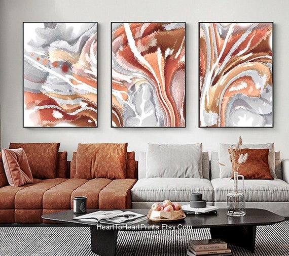 Orange Abstract Painting Wall Art Set of 3 Posters Burnt - Etsy