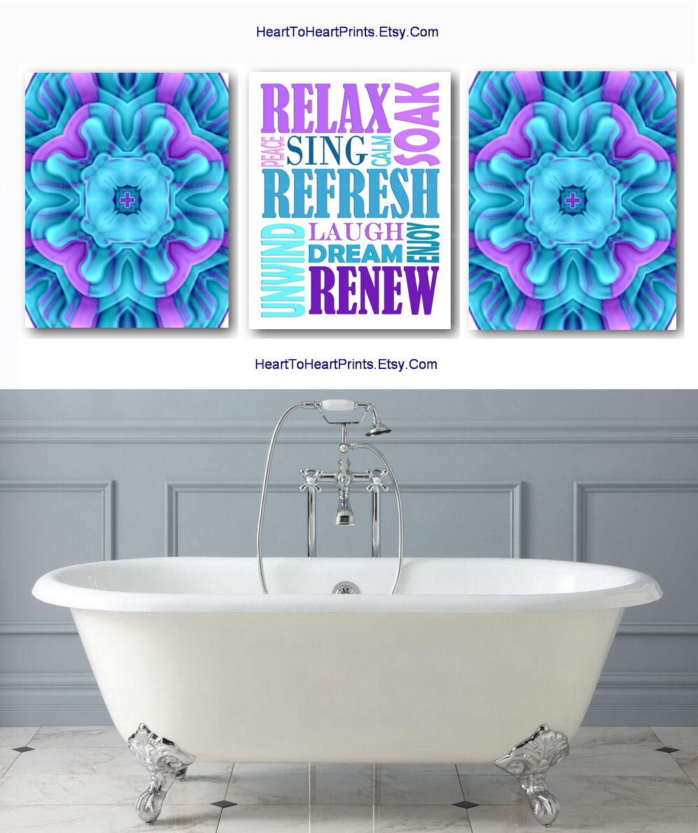 Bathroom Set of 3 Prints Teal Purple Bathroom Wall Art Etsy