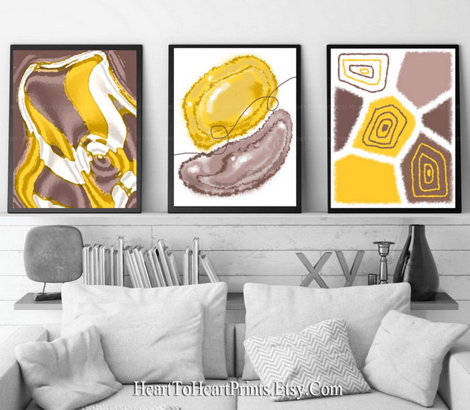 Yellow Gray Black Abstract Painting Printable Wall Art Set of 3 Prints ...