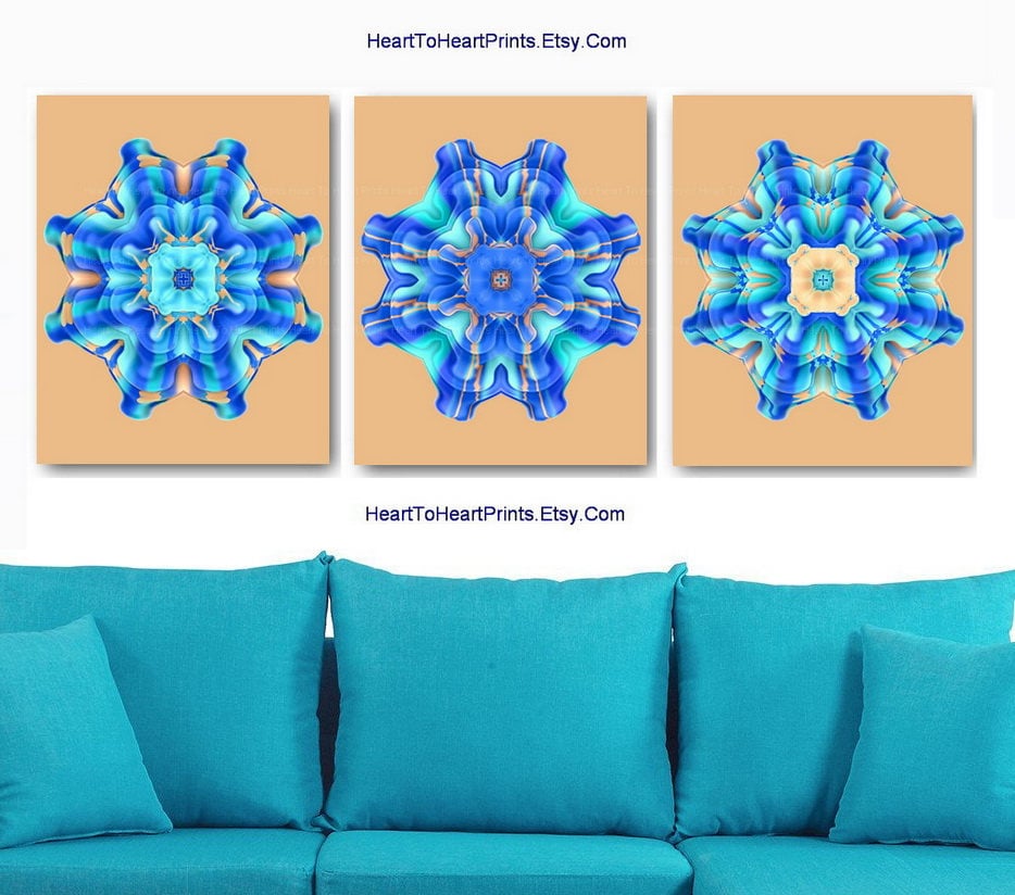 Coral Aqua Wall Art Blue Orange Wall Decor Blue Abstract Art Etsy