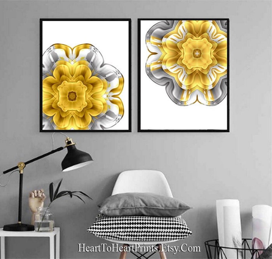 Mustard Yellow Gray Wall Art Set of 2 Prints Flowers Printable Wall Art ...