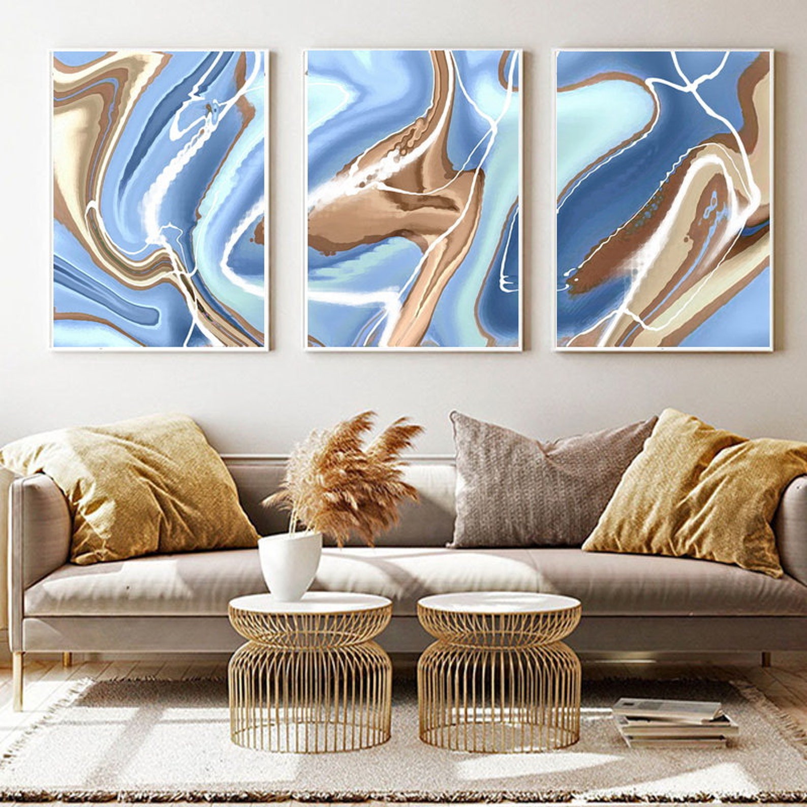 Blue Brown Abstract Art Set of 3 Posters PRINTABLE Wall Art Etsy