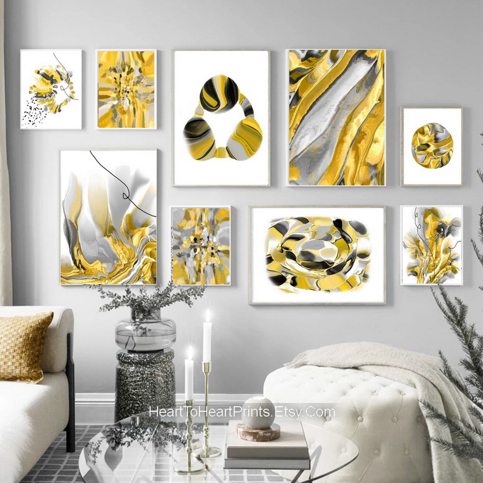 Yellow Gray Black Abstract Set of 12 Posters Abstract Painting ...