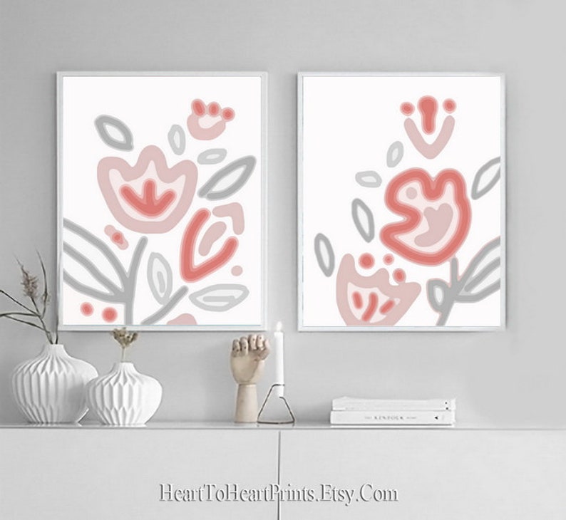 Mid Century Modern Art Set of 2 Prints Abstract Floral Wall Etsy