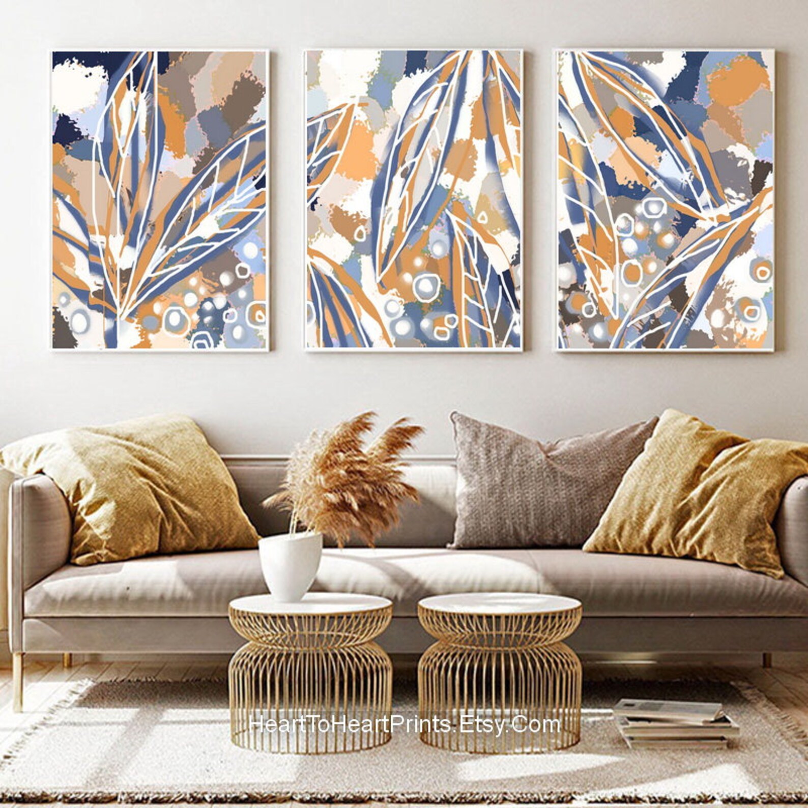 Orange Blue Abstract Painting Set of 3 DOWNLOADABLE Wall Art Etsy